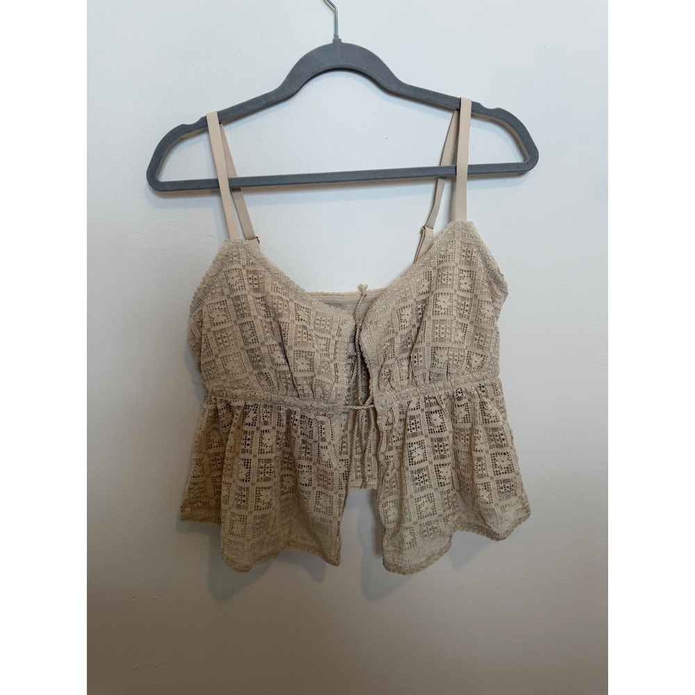 Aerie Real Good Lace Babydoll Cami Top Cream Beige Boho Front Tie XL NEW